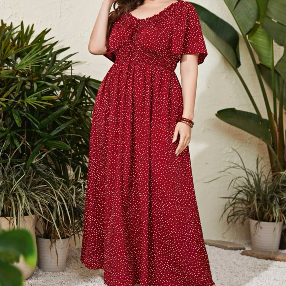 LAST FEW Plus size polka dot shirred waist tie front maxi dress - Picture 6 of 8